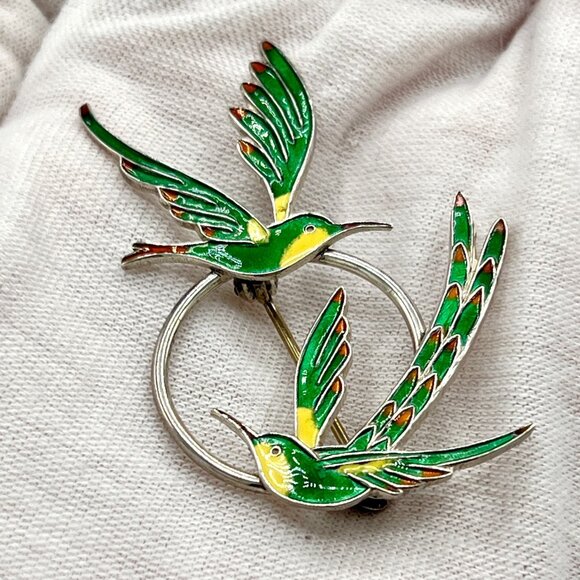 A. DRAGSTED Denmark Sterling Silver Enamel Hummingbirds Bird Brooch Pin 1950s - Picture 5 of 8